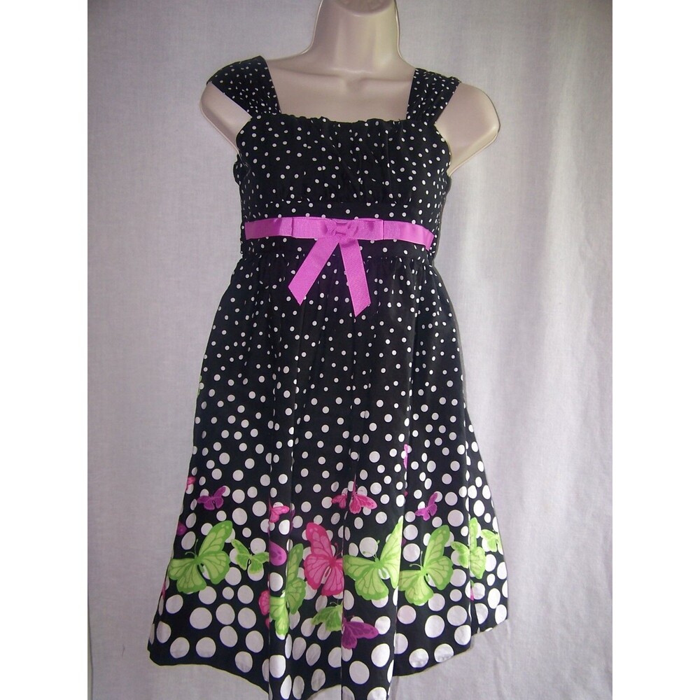 Girls JESSICA ANN BLACK AND WHITE/ POKADOT W/ PINK BUTTERFLY'S  Dress Size 12